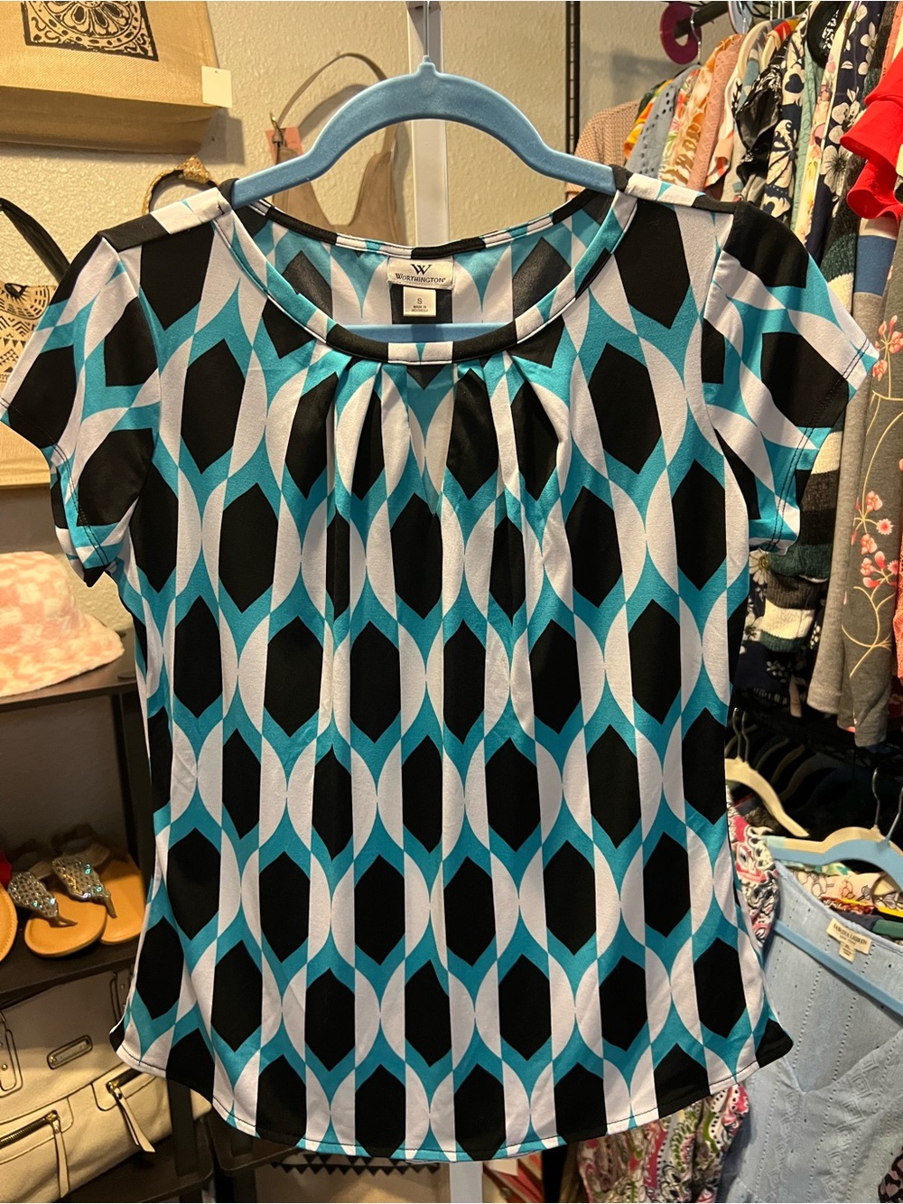 Worthington Teal Black White Geometric Short Sleeve Blouse